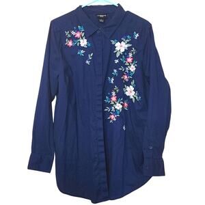 Liz Claiborne Woman 100% Cotton Size 1X Plus Size Embroidered Floral Blue Button
